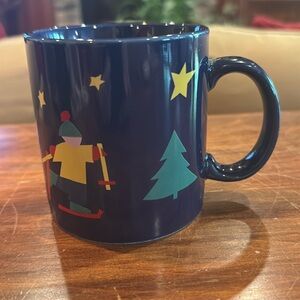 NWOT Vintage Navy Blue Saras Mug Skiing Skier Trees Snow Holiday Winter Star NEW